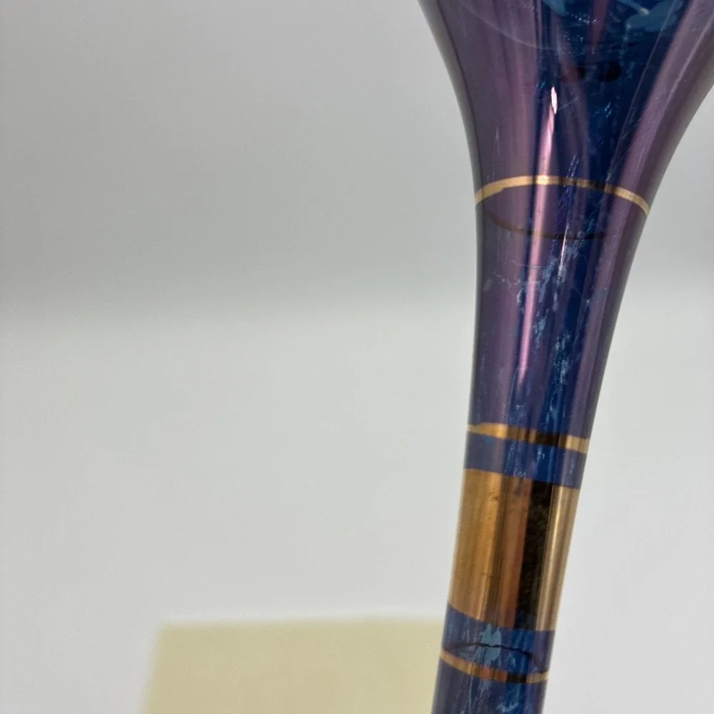Vintage Purple Iridescent Hand Blown Glass Teardrop Ornament Gold Floral 8.5